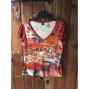 Bila Blouse Size XL Multicolor Floral Short Sleeve Sequins 100% Cotton